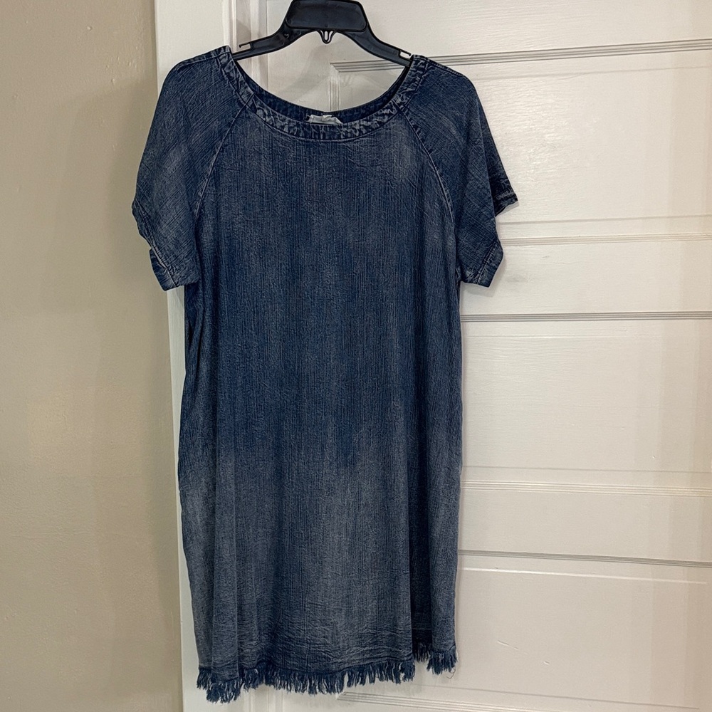 Easel Blue Jean Flowy Denim Midi Dress Shirt Top with Fringe Sz Small